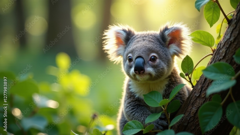 Obraz premium A Young Koala Perched on a Branch Amidst Lush Greenery, Basking in the Warm Golden Sunlight of a Serene Forest