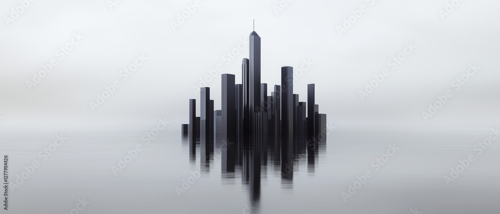 Fototapeta premium Minimalist abstract city skyline in black and white, featuring modern urban architecture and geometric shapes