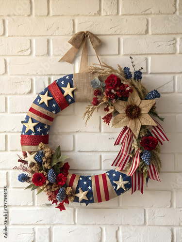 Rustic patriotic wreath with ribbons and burlap