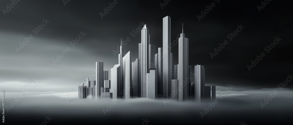 Fototapeta premium Minimalist abstract city skyline in black and white, featuring modern urban architecture and geometric shapes