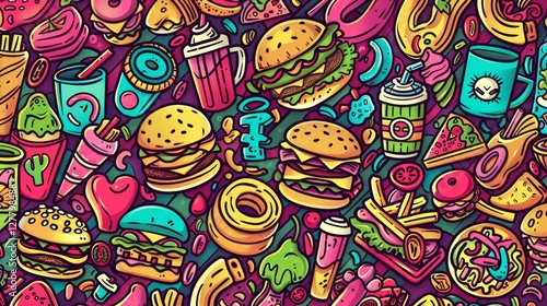 Colorful fast food doodle pattern background