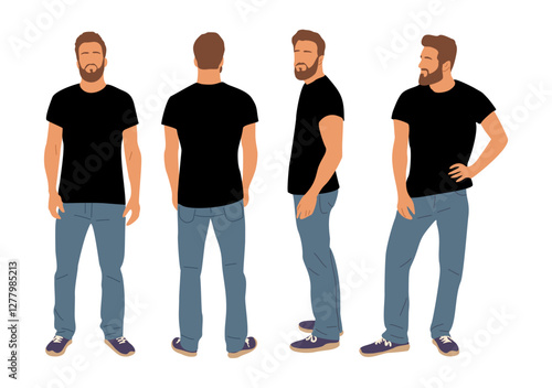 Casual man character standing in different poses front, rear, side view. Handsome bearded guy in black t-shirt, blue jeans, sneakers. Set of vector realistic illustrations isolated
