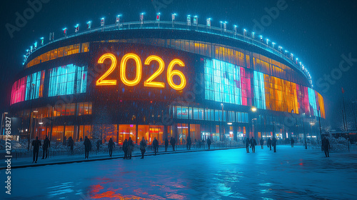 Brightly lit stadium with 2026 sign on a winter night.