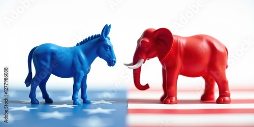 A symbolic confrontation of miniature donkey and elephant figurines on a patterned surface, representing opposing viewpoints or ideologies.