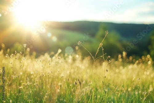 Golden sunset meadow landscape, wildflowers, sunlight.  Possible use nature background, greeting card photo