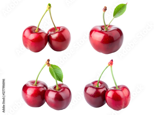 Cherries with leaves, Cherry fruits, and Sweet cherry fruits isolated