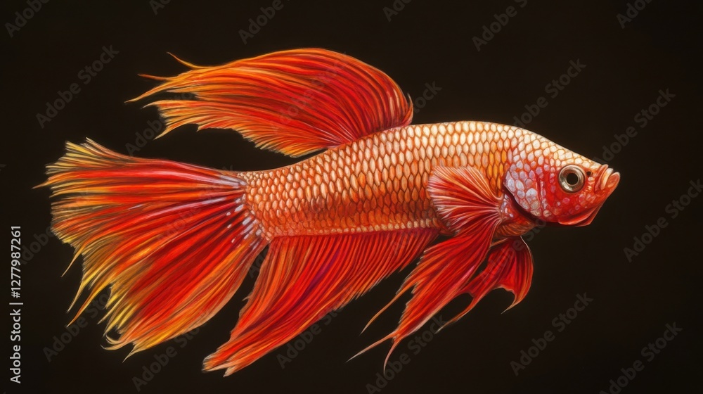 Fototapeta premium Fiery Orange Betta Fish Vivid Tail Aquarium Pet Underwater