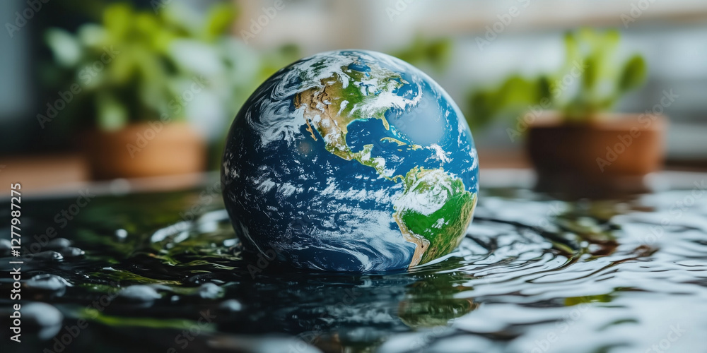 3D render of Earth surrounded by water, symbolizing nature beauty and fragility 3D render of Earth surrounded by water, symbolizing nature beauty and fragility