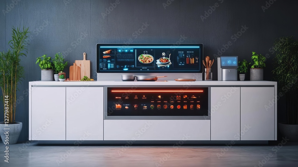 Fototapeta premium Futuristic outdoor kitchen with holographic cooking interface and AI integration