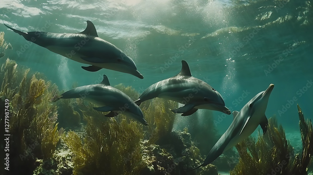 Obraz premium Dolphin Pod Swimming Underwater with Seaweed Natural Marine Life