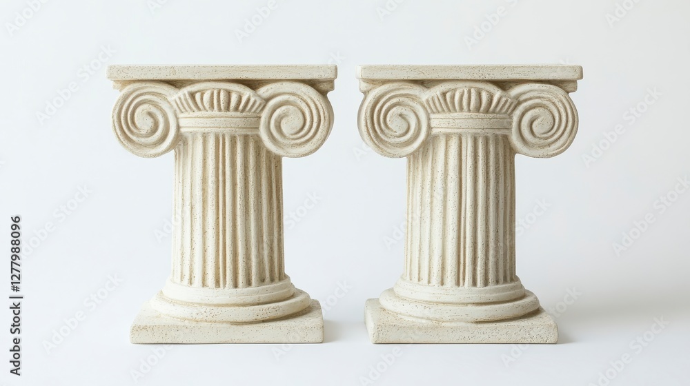 Pair of Off White Speckled Ionic Columns on White Background Pair of Off White Speckled Ionic Columns on White Background