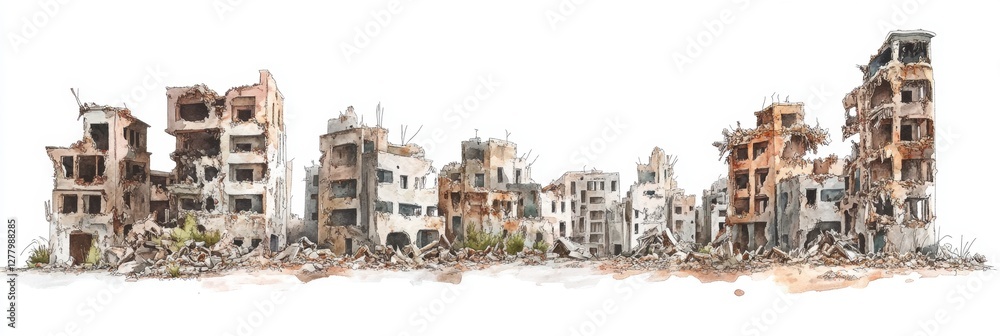 Obraz premium Destroyed city block, rubble, war aftermath, isolated, white background