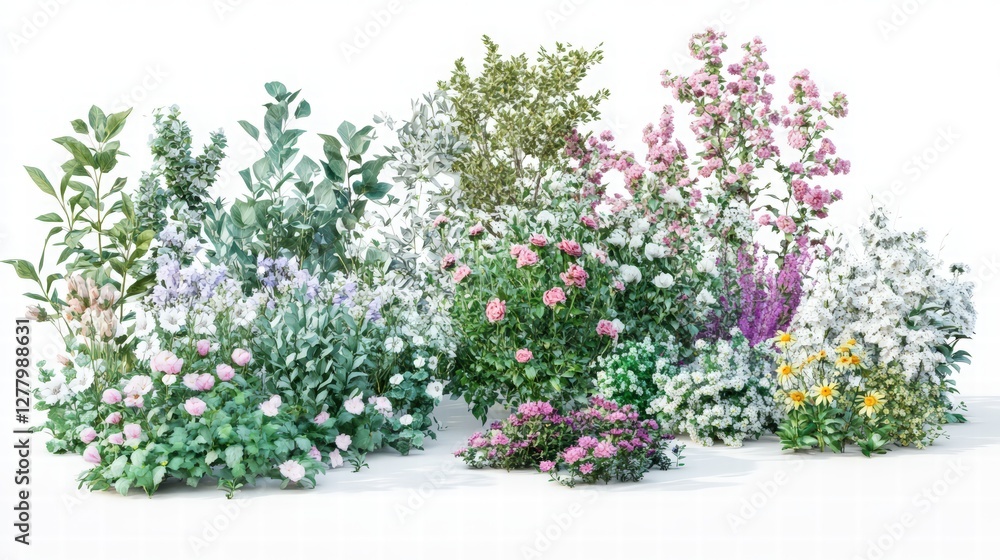 A set of bushes with flowers in different shapes. A set of different types and sizes of bushes with flowers, greenery on a white background A set of bushes with flowers in different shapes. A set of different types and sizes of bushes with flowers, greenery on a white background