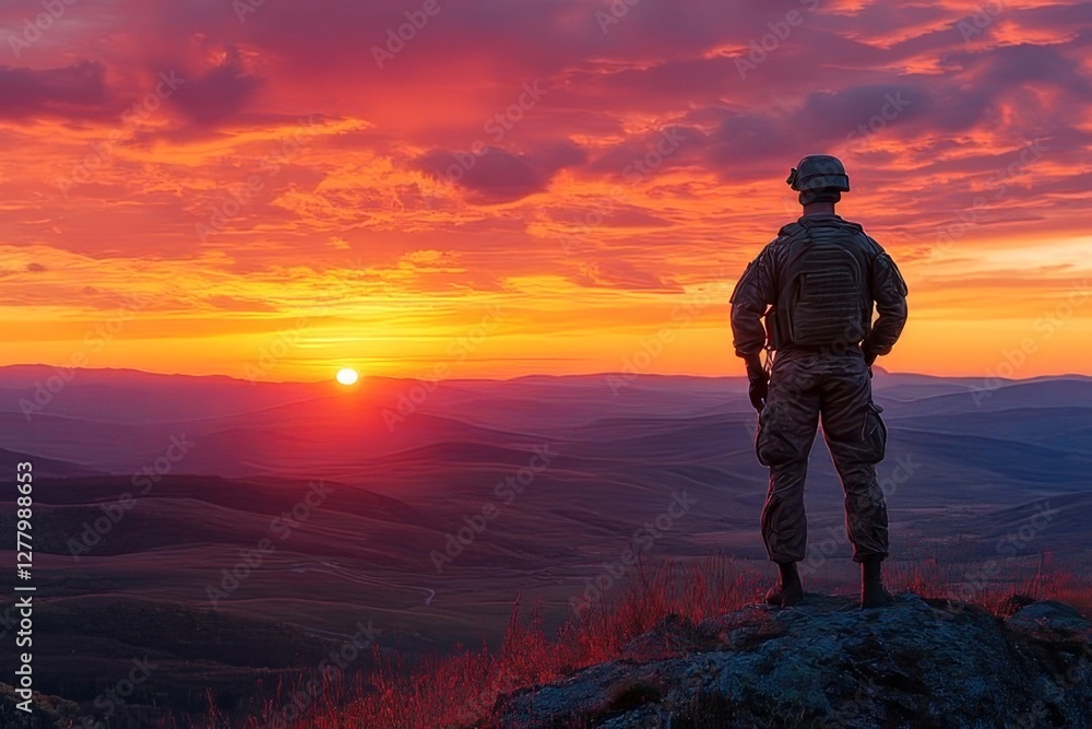 Fototapeta premium Soldier watches sunset over mountains during evening patrol in a remote area