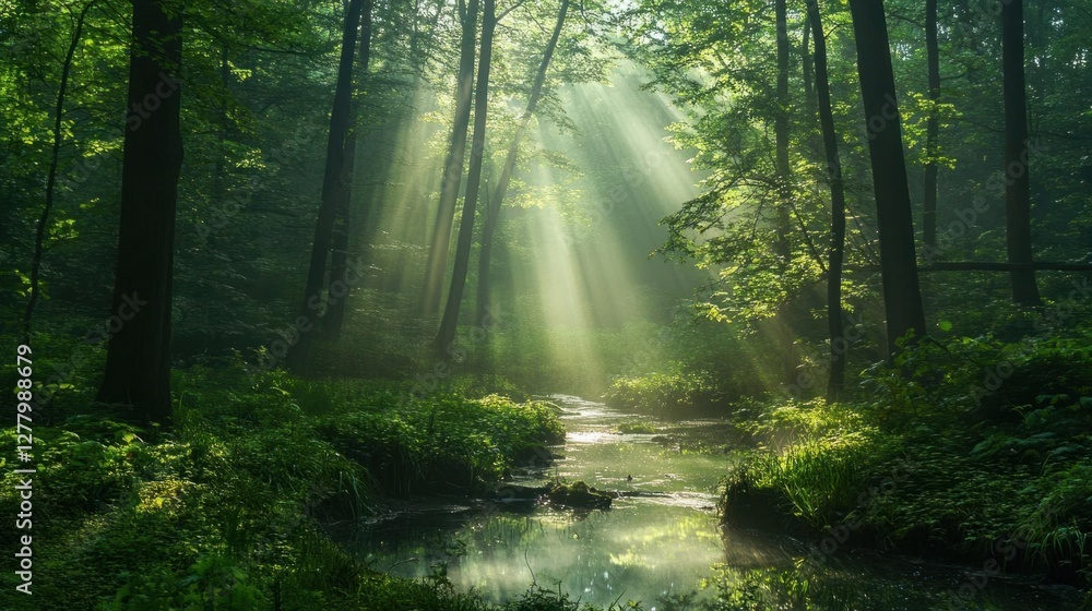 Fototapeta premium Misty Lush Forest at Dawn: Ethereal Sunlight Beams Through Towering Trees and Vibrant Green Undergrowth