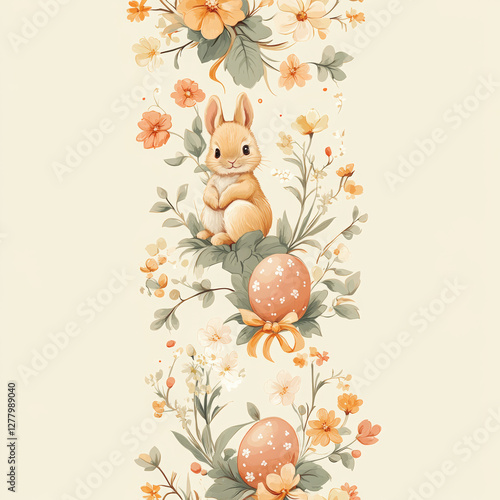 Charming Easter Pattern with Cute Bunnies, Floral Elements, and Decorated Eggs, Perfect for Springtime Designs, Holiday Textiles, and Easter Decorations
