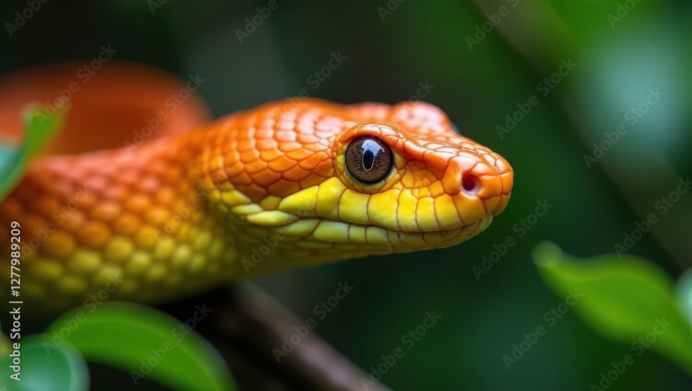 A vibrant orange and yellow snake, with intricate scales and striking eyes, rests on a branch amidst lush green foliage, its gaze captivating and intense. A vibrant orange and yellow snake, with intricate scales and striking eyes, rests on a branch amidst lush green foliage, its gaze captivating and intense.