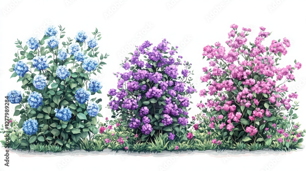 Naklejka premium A set of bushes with flowers in different shapes. A set of different types and sizes of bushes with flowers, greenery on a white background