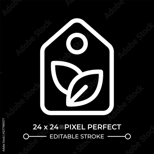 Eco friendly business line ui icon isolated on black. Price tag with plant leaves. Recycling materials benefits. Retail. Vector outline symbol. User interface element dark mode, pixel perfect