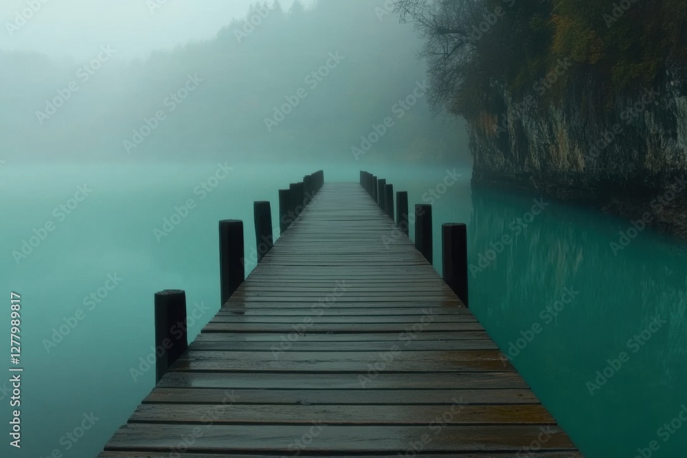 Serene minimalist scene of an empty pier on a foggy day at a calm lake Serene minimalist scene of an empty pier on a foggy day at a calm lake