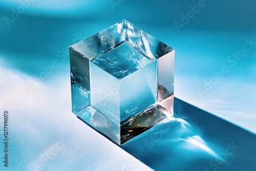 Minimalistic composition of light refracting through a transparent cube on blue surface