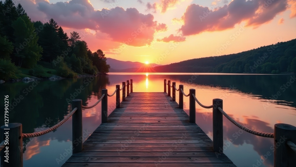 Obraz premium Serene Sunset Over Calm Lake with Wooden Dock Leading to a Peaceful Horizon