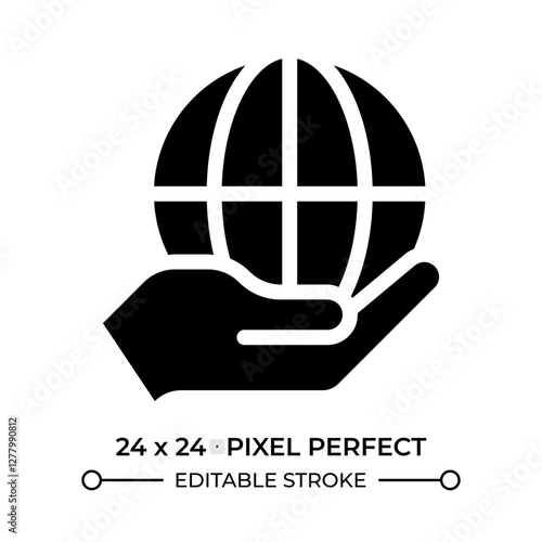 Hand holding earth planet glyph ui icon. Taking care of global ecology. Environment protection program. Black solid silhouette symbol vector. User interface element isolated, pixel perfect