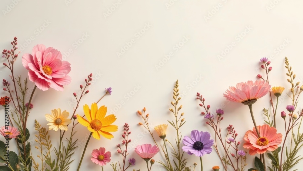 Fototapeta premium A Delicate Arrangement of Pastel Blossoms and Wildflowers on a Light Background