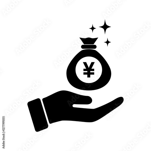 Hand holding yen bag icon. Money handling icon. Saving money icon. Financial investment icon. Flat vector illustration simple design.