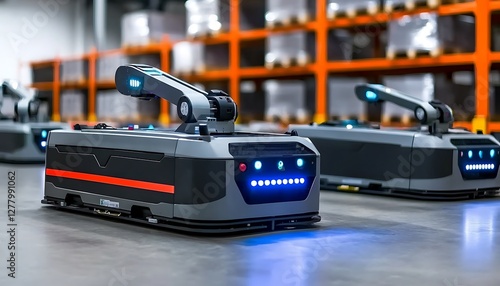 Automated Robot Carriers And Robotic Arm In Smart Distribution Warehouse Automation with AGV and robotic arm in smart distribution warehouse. robot pictures,