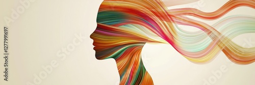 Abstract human head silhouette made of flowing colorful ribbons, symbolizing mental health and emotional well-being..