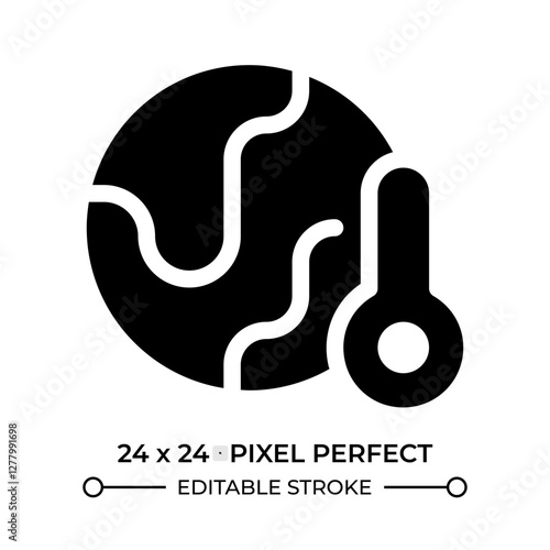 Global warming awareness glyph ui icon. Earth globe with thermometer. Greenhouse effect controlling. Black solid silhouette symbol vector. User interface element isolated, pixel perfect