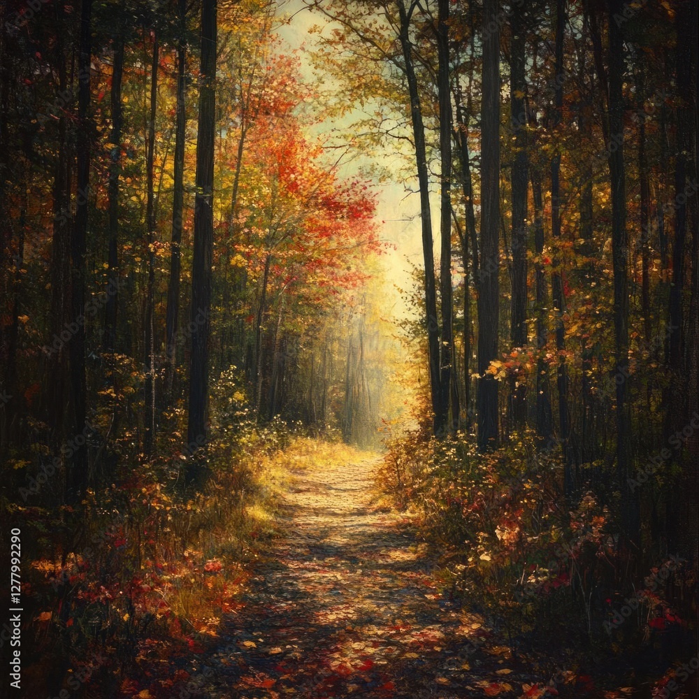 Fototapeta premium Serene Forest Pathway: Golden Autumn Leaves and Dappled Sunlight in a Vibrant Nature Scene