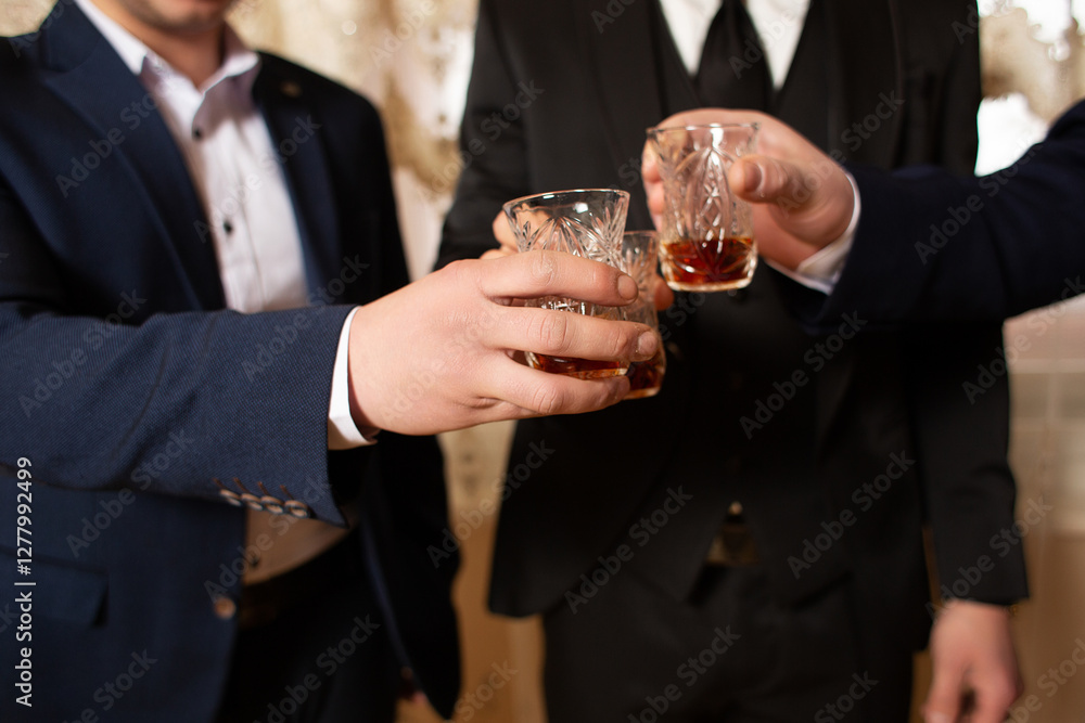 Three people in suits hold glasses with an amber-colored drink in their hands. Three people in suits hold glasses with an amber-colored drink in their hands.