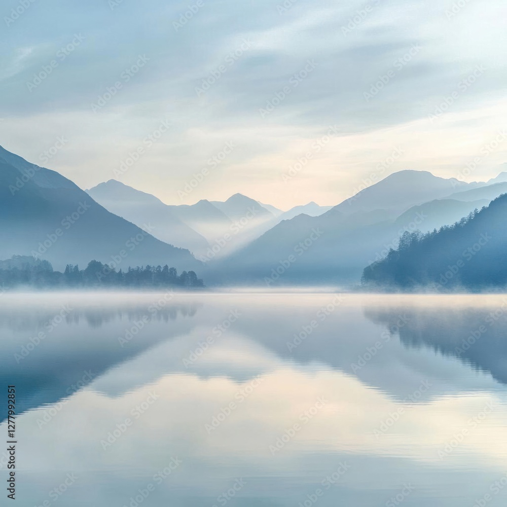 Serene Landscape: Calm Lake and Misty Mountains at Sunrise - Capturing Tranquility in Nature's Beauty Serene Landscape: Calm Lake and Misty Mountains at Sunrise - Capturing Tranquility in Nature's Beauty