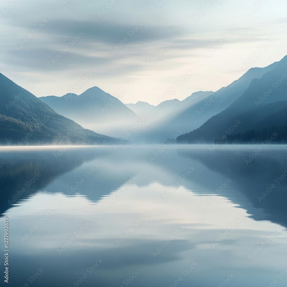 Serene Landscape: Calm Lake and Misty Mountains at Sunrise - Capturing Tranquility in Nature's Beauty Serene Landscape: Calm Lake and Misty Mountains at Sunrise - Capturing Tranquility in Nature's Beauty