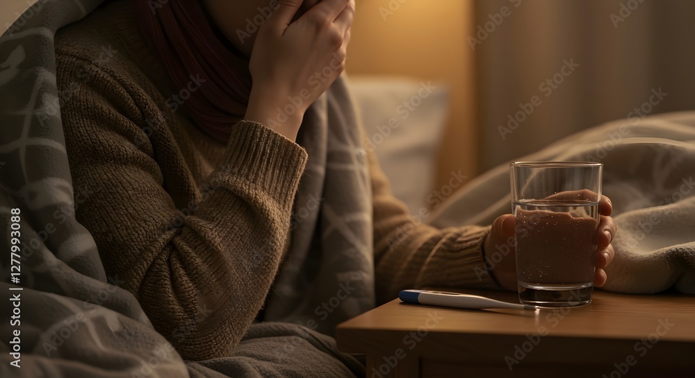 Sick Person Holding Water and Thermometer in Bed Sick Person Holding Water and Thermometer in Bed
