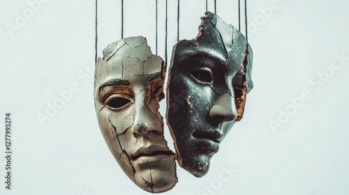A surrealist collage of a broken theater mask of tragedy and comedy, with puppet strings hanging down from each side. One half of the mask is suspended by a string, while the other half is also