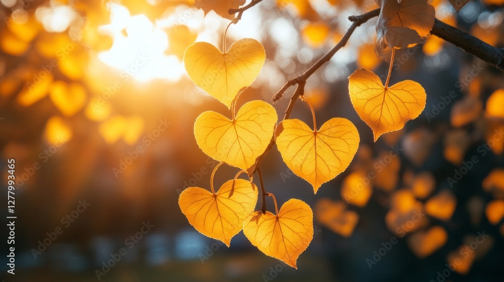 Heart-shaped Autumn Leaves Glowing in Golden Sunset Light Heart-shaped Autumn Leaves Glowing in Golden Sunset Light