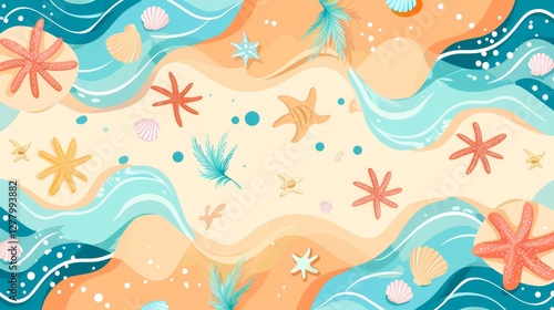Beach scene, seashells, starfish, flowing water, summer vibes, top view