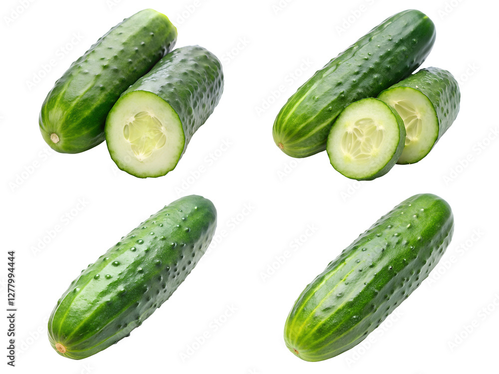 Cucumbers set, cucumbers with half slices, and Cucumbers isolated Cucumbers set, cucumbers with half slices, and Cucumbers isolated