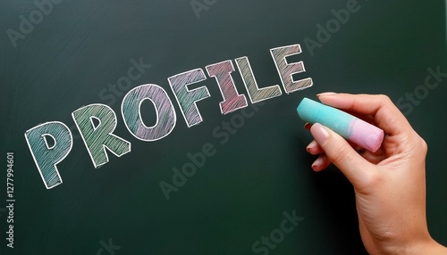 黒板にチョークで書かれた自己紹介プロフィールを意味する英単語のPROFILEの文字が。 aiで生成	