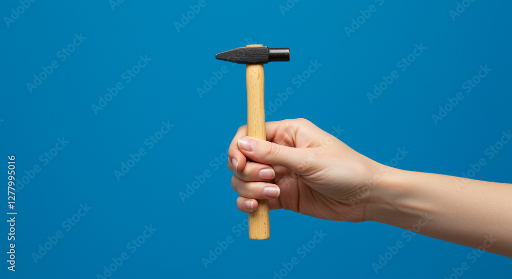Hammer in hand close up on blue background. Hand holding hammer tool. Construction hammer in hand Hammer in hand close up on blue background. Hand holding hammer tool. Construction hammer in hand