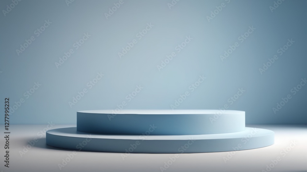 A 3D podium in soft blue and white shades with visible light sources. The minimalistic scene creates a modern, elegant look, perfect for product display, branding, and presentation backgrounds A 3D podium in soft blue and white shades with visible light sources. The minimalistic scene creates a modern, elegant look, perfect for product display, branding, and presentation backgrounds