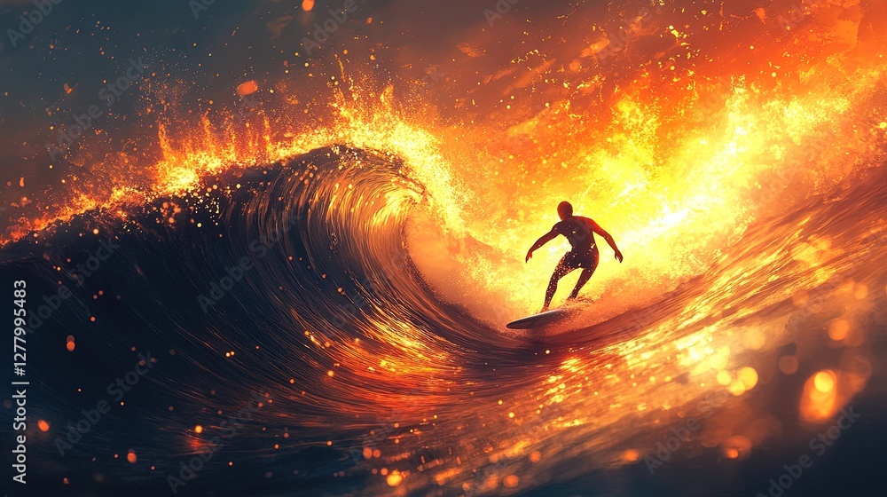 Naklejka premium A surfer catching a wave at sunset, glowing water reflections