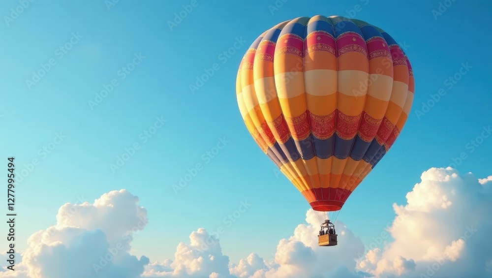 Naklejka premium A Colorful Hot Air Balloon Soaring Through a Vivid Blue Sky Above Fluffy White Clouds, a Symbol of Adventure and Freedom