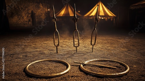 Historic Medieval Game Equipment on Dusty Ground at Night