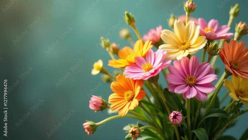 Obraz premium A vibrant bouquet of cheerful, multicolored daisies basking in soft sunlight, creating a delightful and uplifting floral arrangement