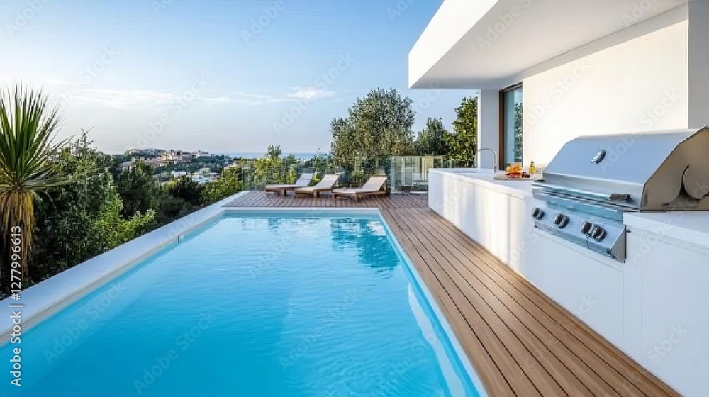Fototapeta premium Modern rooftop kitchen with a poolside deck and stylish built-in grill setup