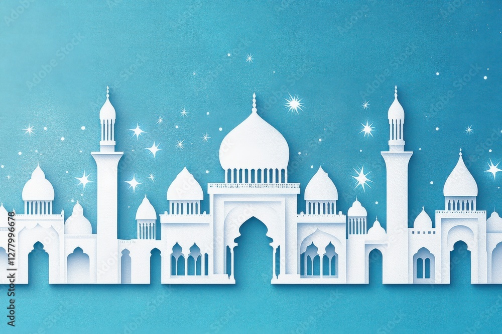 Fototapeta premium Elegant Paper Cut Silhouette of a Magical Cityscape on Blue Background